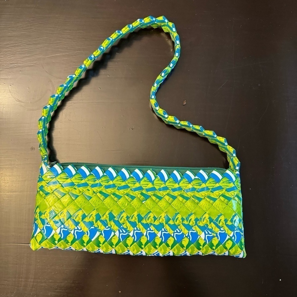 Vintage bubblegum wrapper purse short strap shoulder bag blue green 90s Y2K‎